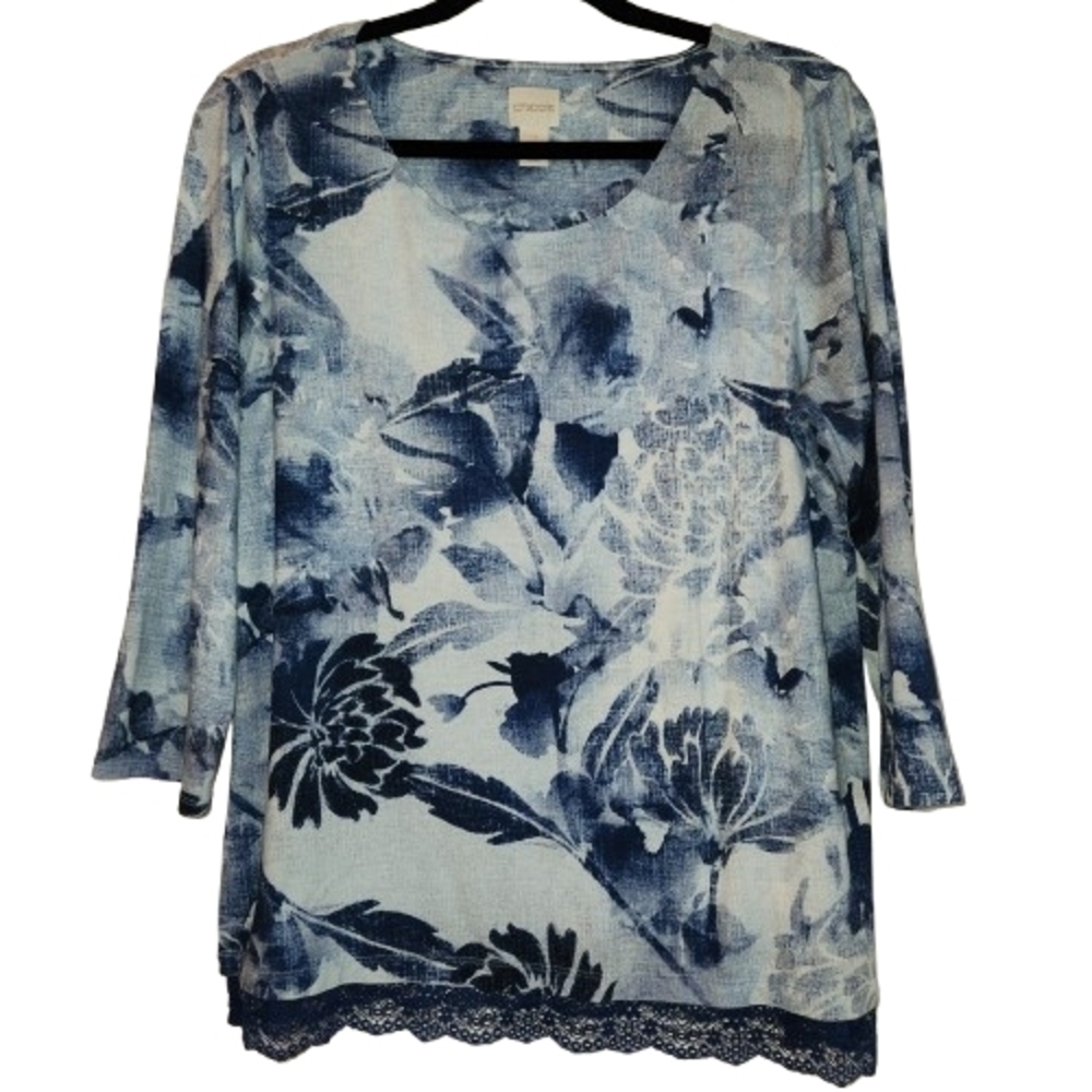 Chico's Blue Floral 3/4 Sleeve Top Lace Hem Size 2 (12/L) Tunic Round Neck Flowy